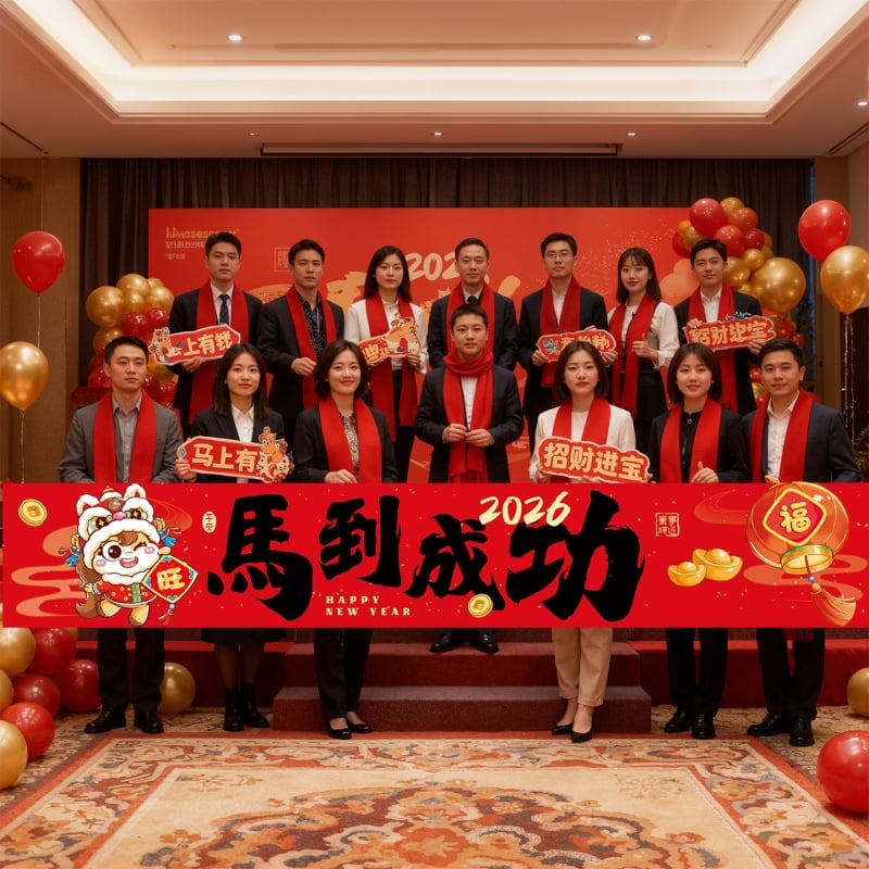 Banner pentru decor de Anul Nou 2026, cu tema Anul Calului, material pânză, accesorii pentru amenajarea scenei, stil festiv