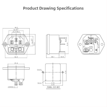 Priză C14 două în unu cu blocare de siguranță, urechi de montaj și găuri pentru șuruburi – potrivită pentru contoare de bani și proiectoare, temperatură -20°C până la 85°C, cablaj opțional