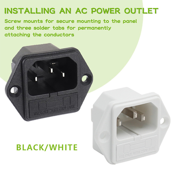 Priză C14 două în unu cu blocare de siguranță, urechi de montaj și găuri pentru șuruburi – potrivită pentru contoare de bani și proiectoare, temperatură -20°C până la 85°C, cablaj opțional