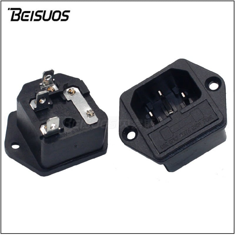 Priză C14 două în unu cu blocare de siguranță, urechi de montaj și găuri pentru șuruburi – potrivită pentru contoare de bani și proiectoare, temperatură -20°C până la 85°C, cablaj opțional