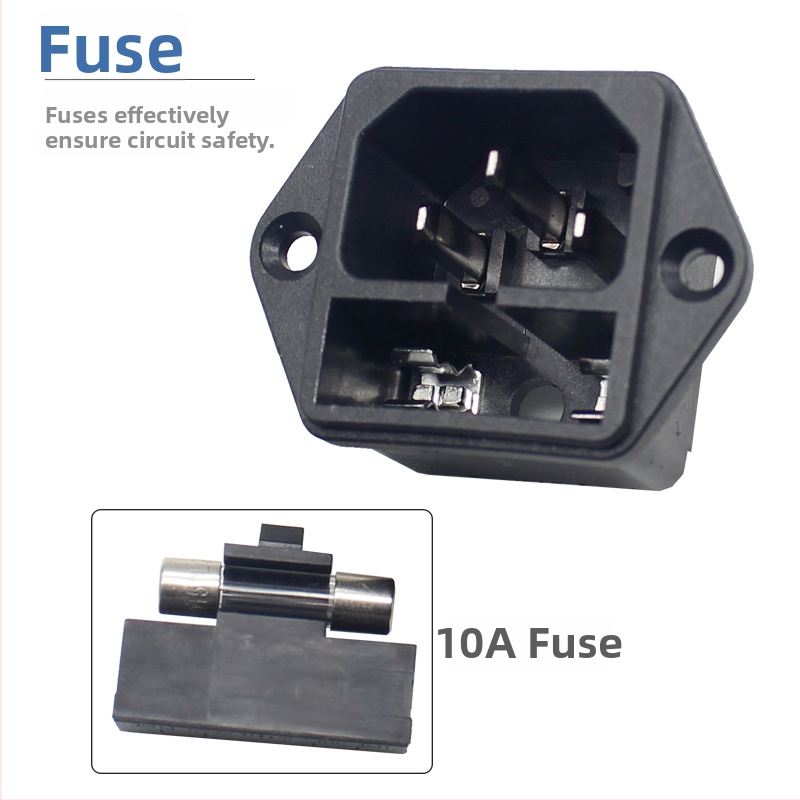 Priză C14 două în unu cu blocare de siguranță, urechi de montaj și găuri pentru șuruburi – potrivită pentru contoare de bani și proiectoare, temperatură -20°C până la 85°C, cablaj opțional