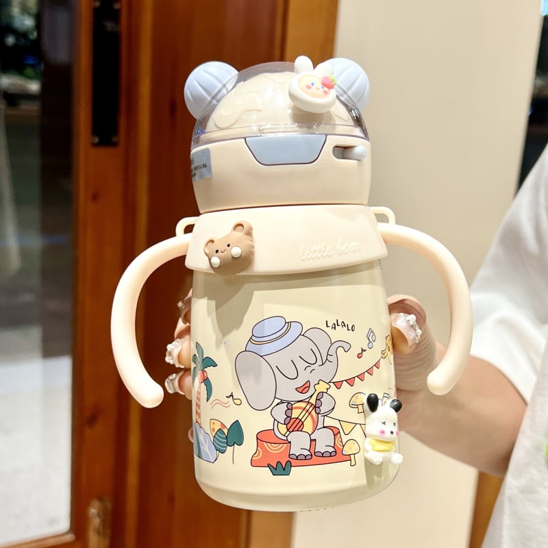 Dječja termos boca s držalom i slamkom, sigurnosno usta s oblikom patke za sigurno piće — unutarnje 316 nerđajućeg čelika, vanjsko 304 nerđajućeg čelika, izolacija 6–12 sati, mogućnost vlastitog logotipa