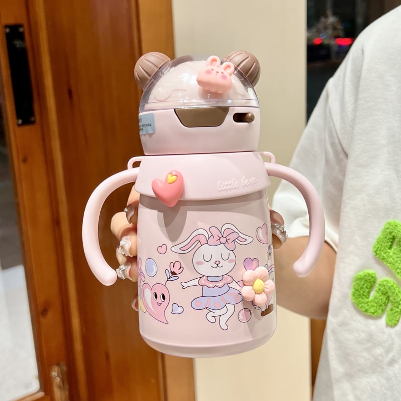 Dječja termos boca s držalom i slamkom, sigurnosno usta s oblikom patke za sigurno piće — unutarnje 316 nerđajućeg čelika, vanjsko 304 nerđajućeg čelika, izolacija 6–12 sati, mogućnost vlastitog logotipa