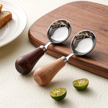 Linguriță pentru hrănire cu mâner din lemn, oțel inoxidabil 316L, bol rotund, design minimalist modern