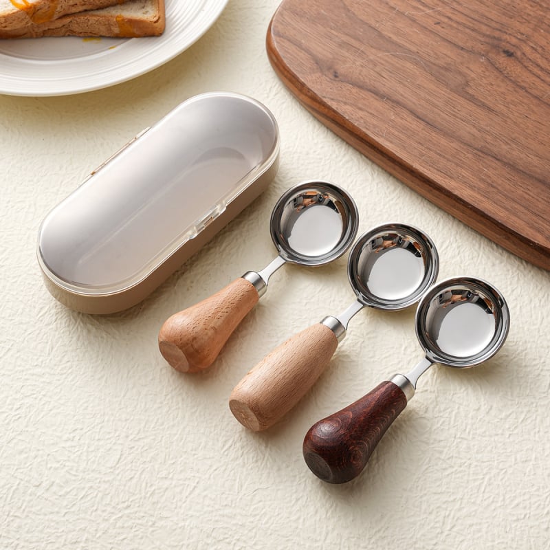 Linguriță pentru hrănire cu mâner din lemn, oțel inoxidabil 316L, bol rotund, design minimalist modern