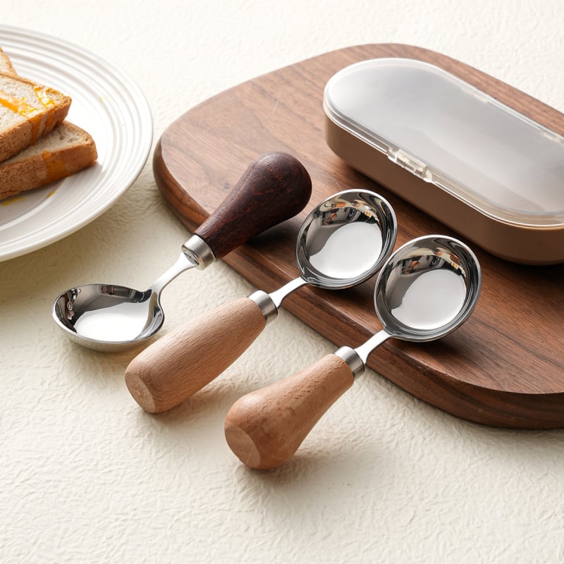 Linguriță pentru hrănire cu mâner din lemn, oțel inoxidabil 316L, bol rotund, design minimalist modern