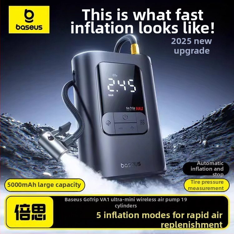 Baseus GoTrip VA1 Μίνι Ασύρματος Φουσκωτήρας Ελαστικών Αυτοκινήτου, 12V, 120W, 40 L/min, 3 m σωληνάκι, Ψηφιακή Οθόνη