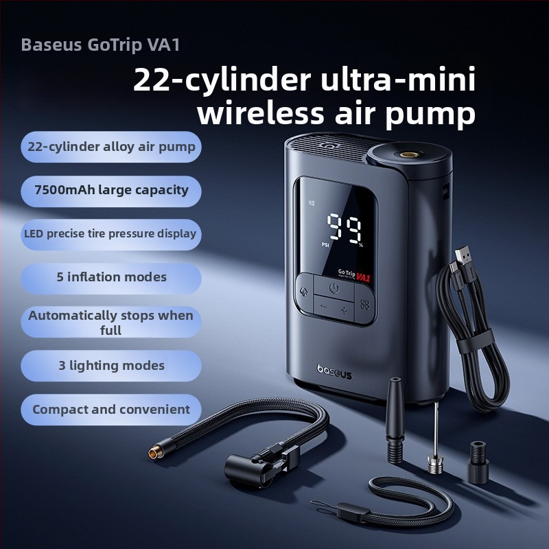 Baseus GoTrip VA1 Μίνι Ασύρματος Φουσκωτήρας Ελαστικών Αυτοκινήτου, 12V, 120W, 40 L/min, 3 m σωληνάκι, Ψηφιακή Οθόνη