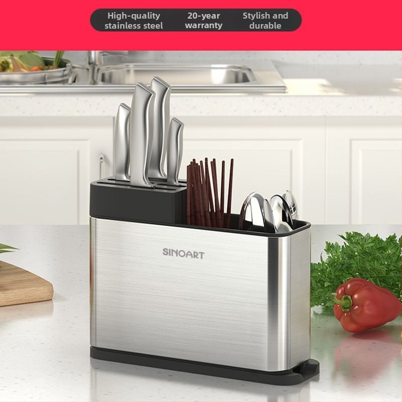 Shinoya nerezová oceľová kuchynská stojan na príbor s odkvapkávacou misou – viacúčelový, odnímateľný, bez montáže, vhodný do rohu alebo na stôl, obdĺžnikový dizajn.