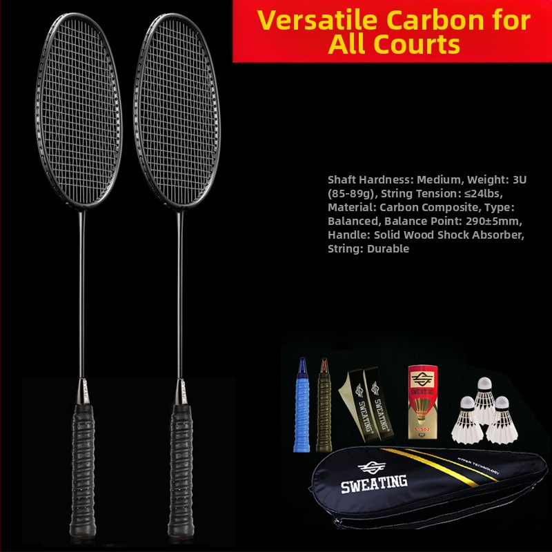 SWEATING badminton raketa — ultralaka, okvir od stakloplastike, težina 85–89 g, debljina ručke G4, tip reketa: direktan udar, za početnike