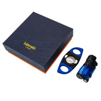 LUBINSKI szivarszett – Szivarvágó és gyújtó, szélálló butános gyújtó, anyagok: műanyag/cinkötvözet/rozsdamentes acél, logó nyomtatás, testreszabás elérhető