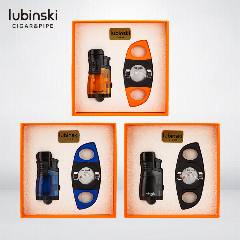 LUBINSKI szivarszett – Szivarvágó és gyújtó, szélálló butános gyújtó, anyagok: műanyag/cinkötvözet/rozsdamentes acél, logó nyomtatás, testreszabás elérhető