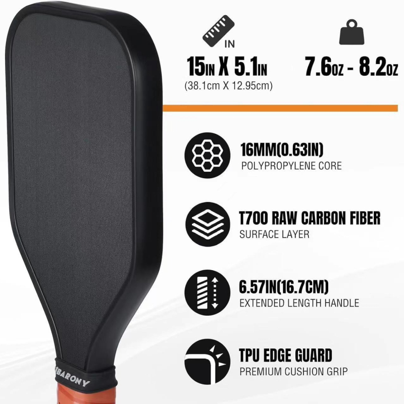 Raketa za pickleball, T700 karbonska vlakna, mat tekstura tkiva, dimenzije 388×133 mm, za napredne amatere