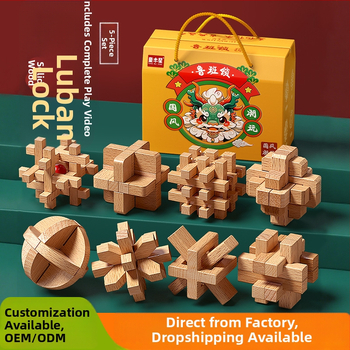 Drevený Kongming a Luban zámok v farebnom balení — bukové drevo, mortise-and-tenon konštrukcia, rozvoj jemnej motoriky