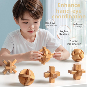 Drevený Kongming a Luban zámok v farebnom balení — bukové drevo, mortise-and-tenon konštrukcia, rozvoj jemnej motoriky