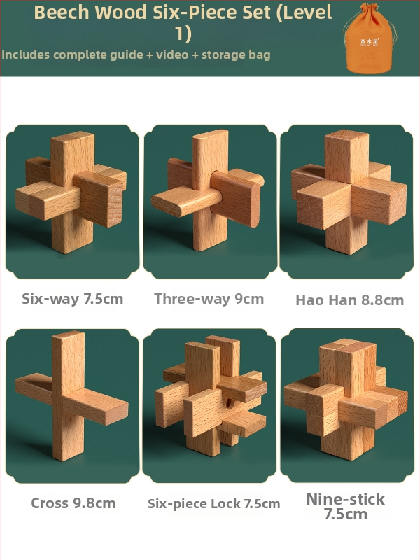 Drevený Kongming a Luban zámok v farebnom balení — bukové drevo, mortise-and-tenon konštrukcia, rozvoj jemnej motoriky