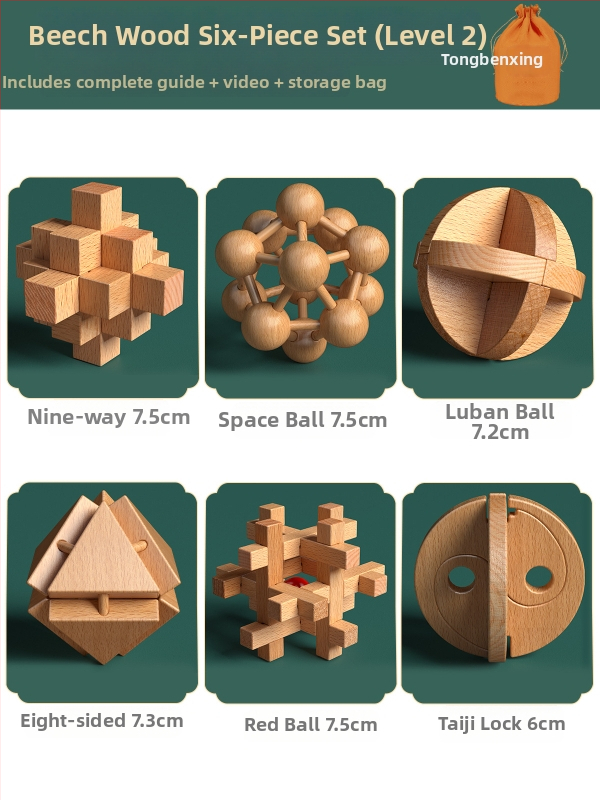 Drevený Kongming a Luban zámok v farebnom balení — bukové drevo, mortise-and-tenon konštrukcia, rozvoj jemnej motoriky