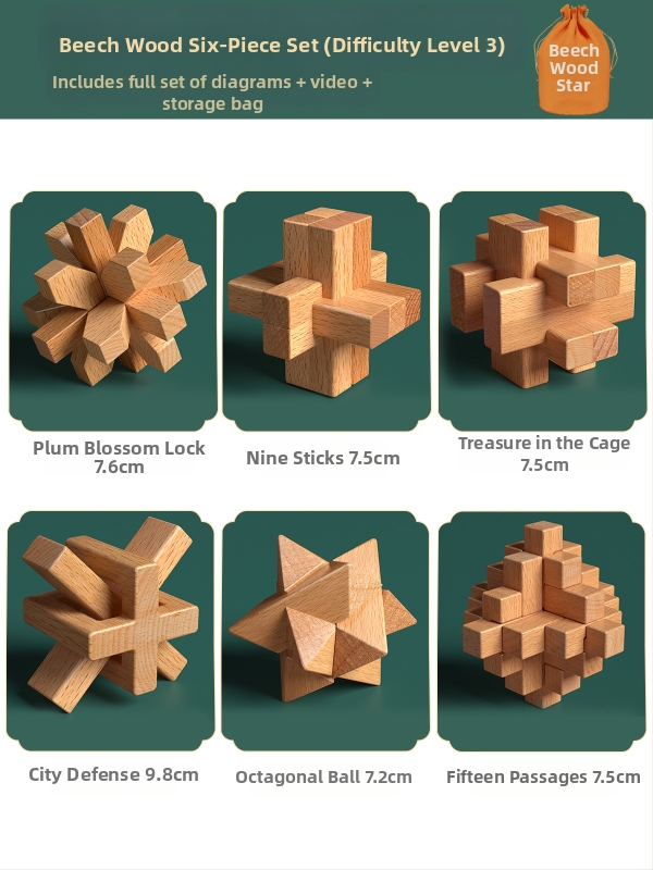 Drevený Kongming a Luban zámok v farebnom balení — bukové drevo, mortise-and-tenon konštrukcia, rozvoj jemnej motoriky