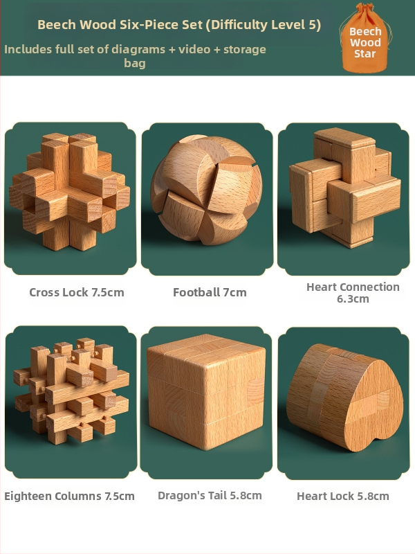 Drevený Kongming a Luban zámok v farebnom balení — bukové drevo, mortise-and-tenon konštrukcia, rozvoj jemnej motoriky
