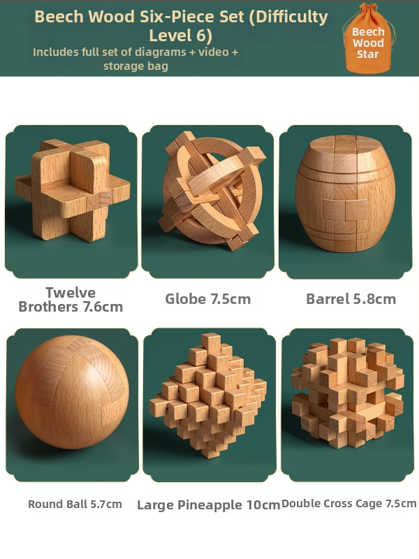 Drevený Kongming a Luban zámok v farebnom balení — bukové drevo, mortise-and-tenon konštrukcia, rozvoj jemnej motoriky