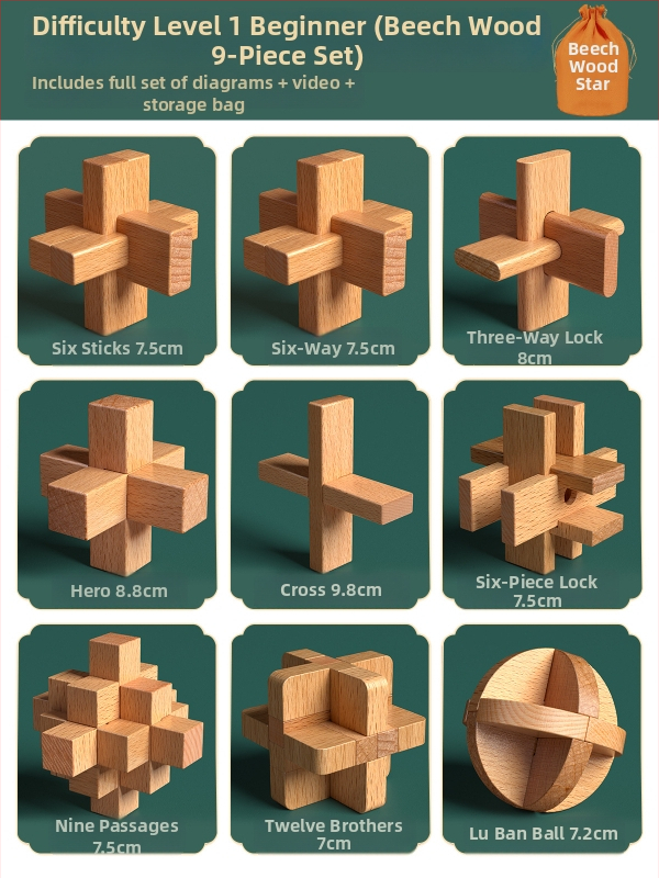 Drevený Kongming a Luban zámok v farebnom balení — bukové drevo, mortise-and-tenon konštrukcia, rozvoj jemnej motoriky