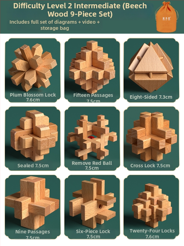 Drevený Kongming a Luban zámok v farebnom balení — bukové drevo, mortise-and-tenon konštrukcia, rozvoj jemnej motoriky