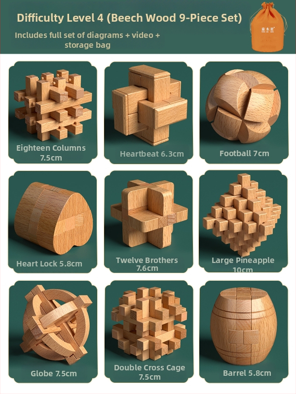 Drevený Kongming a Luban zámok v farebnom balení — bukové drevo, mortise-and-tenon konštrukcia, rozvoj jemnej motoriky