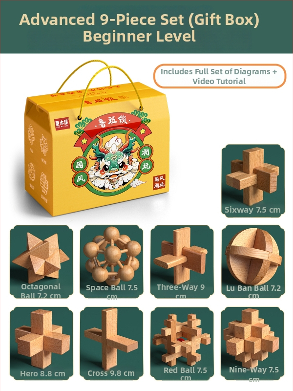 Drevený Kongming a Luban zámok v farebnom balení — bukové drevo, mortise-and-tenon konštrukcia, rozvoj jemnej motoriky