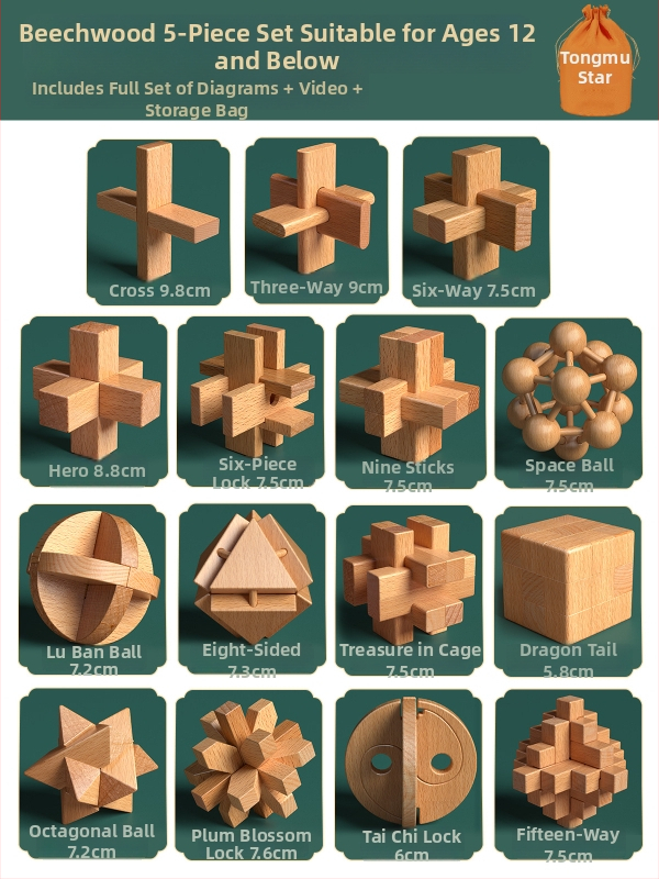 Drevený Kongming a Luban zámok v farebnom balení — bukové drevo, mortise-and-tenon konštrukcia, rozvoj jemnej motoriky