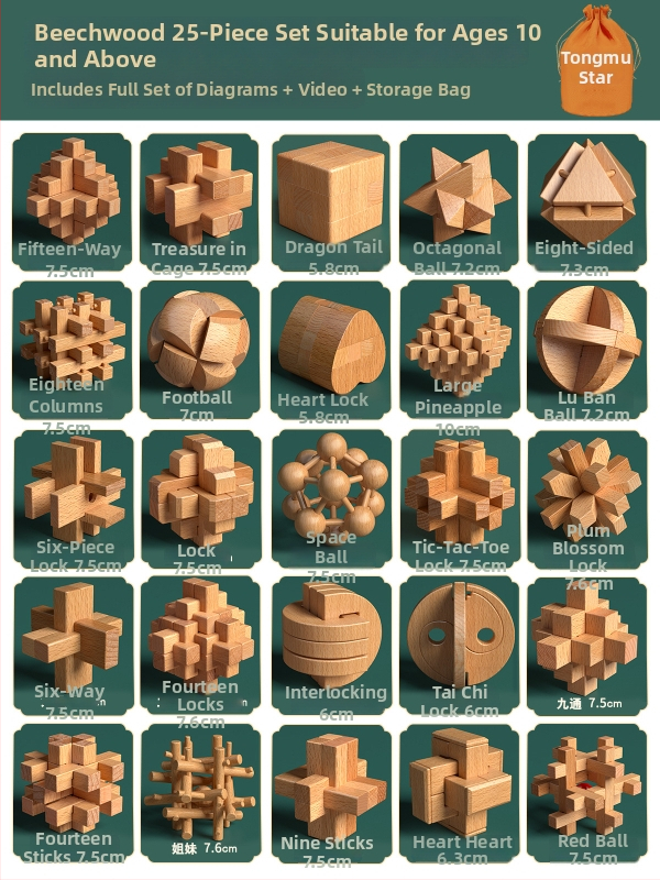 Drevený Kongming a Luban zámok v farebnom balení — bukové drevo, mortise-and-tenon konštrukcia, rozvoj jemnej motoriky