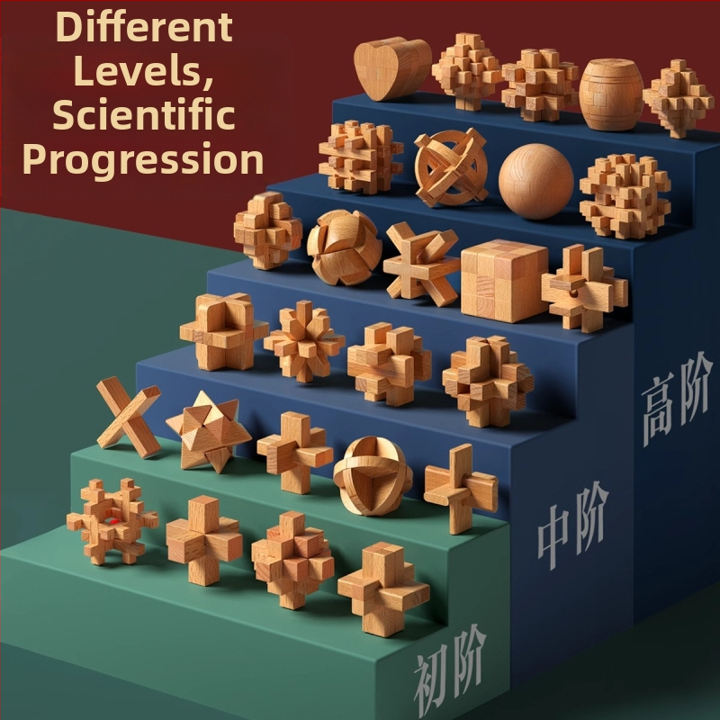 Drevený Kongming a Luban zámok v farebnom balení — bukové drevo, mortise-and-tenon konštrukcia, rozvoj jemnej motoriky
