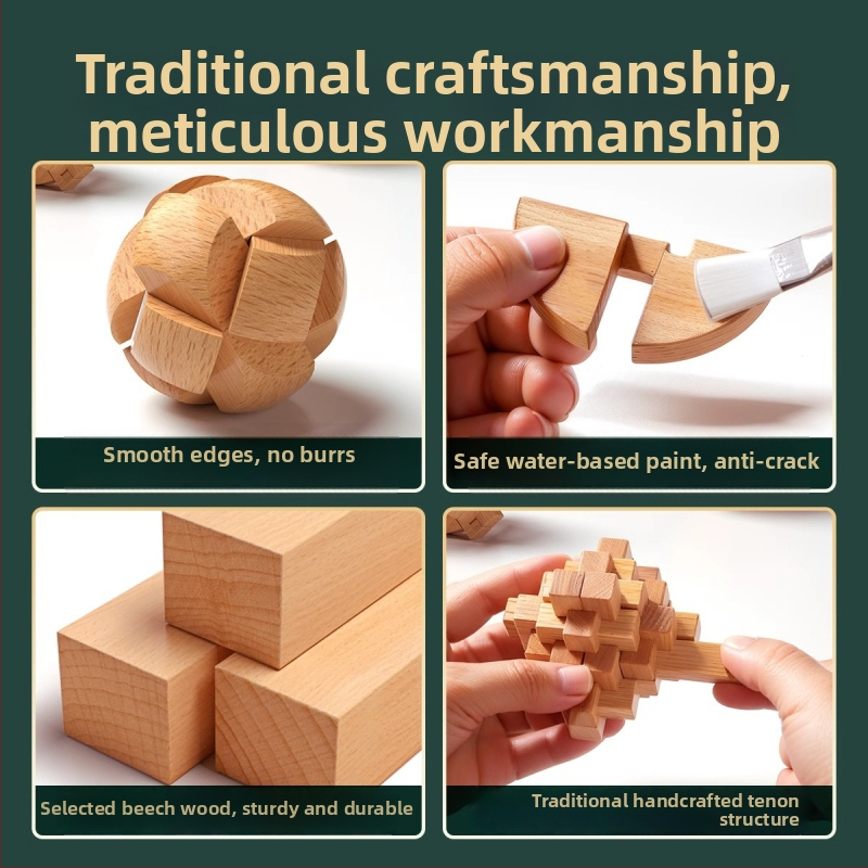 Drevený Kongming a Luban zámok v farebnom balení — bukové drevo, mortise-and-tenon konštrukcia, rozvoj jemnej motoriky