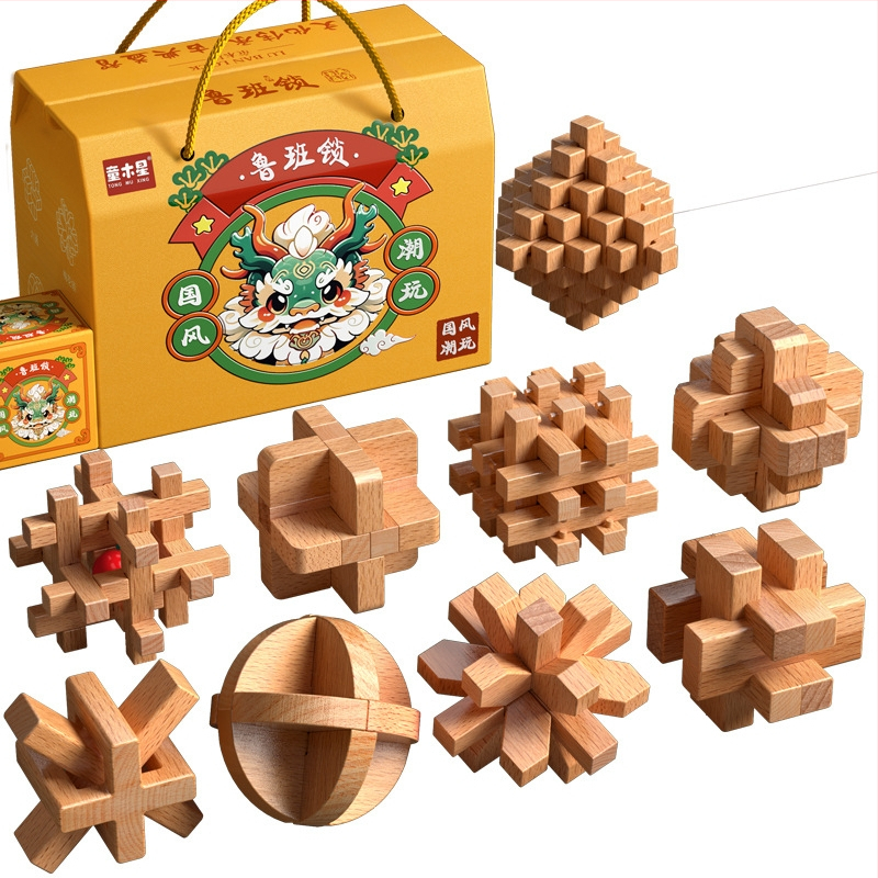 Drevený Kongming a Luban zámok v farebnom balení — bukové drevo, mortise-and-tenon konštrukcia, rozvoj jemnej motoriky