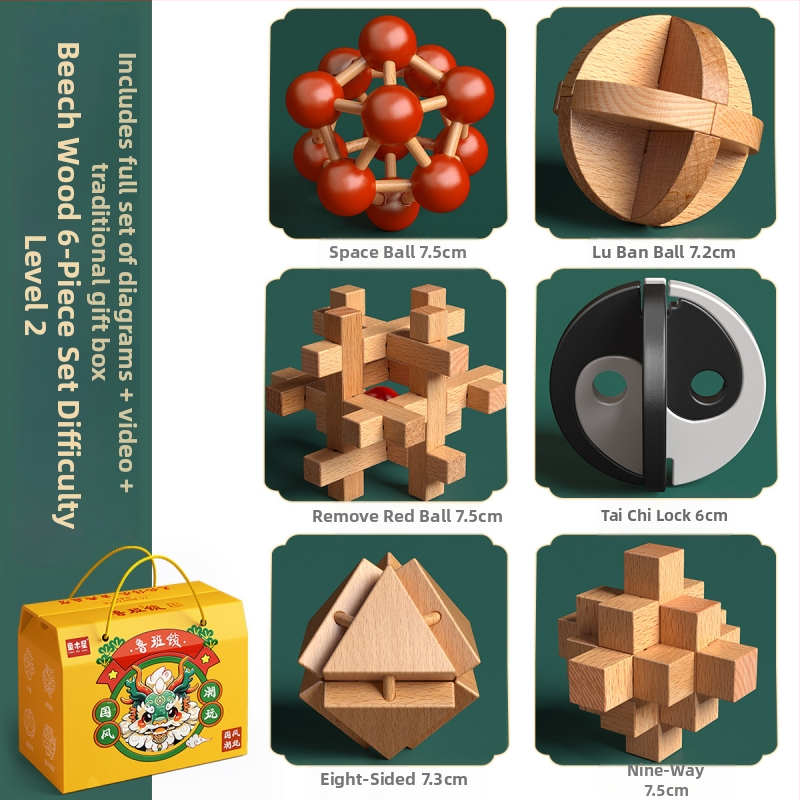 Drevený Kongming a Luban zámok v farebnom balení — bukové drevo, mortise-and-tenon konštrukcia, rozvoj jemnej motoriky