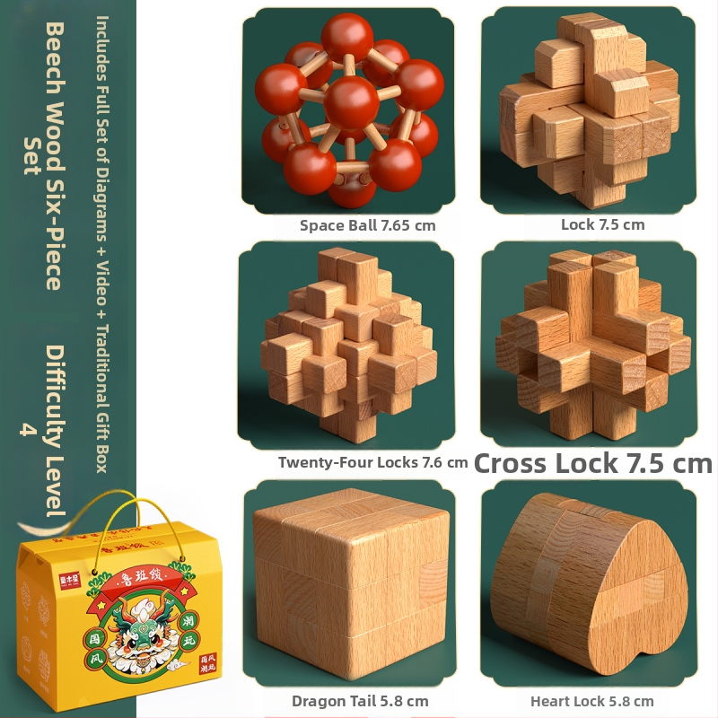 Drevený Kongming a Luban zámok v farebnom balení — bukové drevo, mortise-and-tenon konštrukcia, rozvoj jemnej motoriky