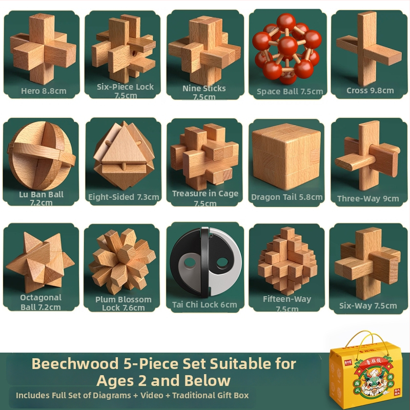 Drevený Kongming a Luban zámok v farebnom balení — bukové drevo, mortise-and-tenon konštrukcia, rozvoj jemnej motoriky