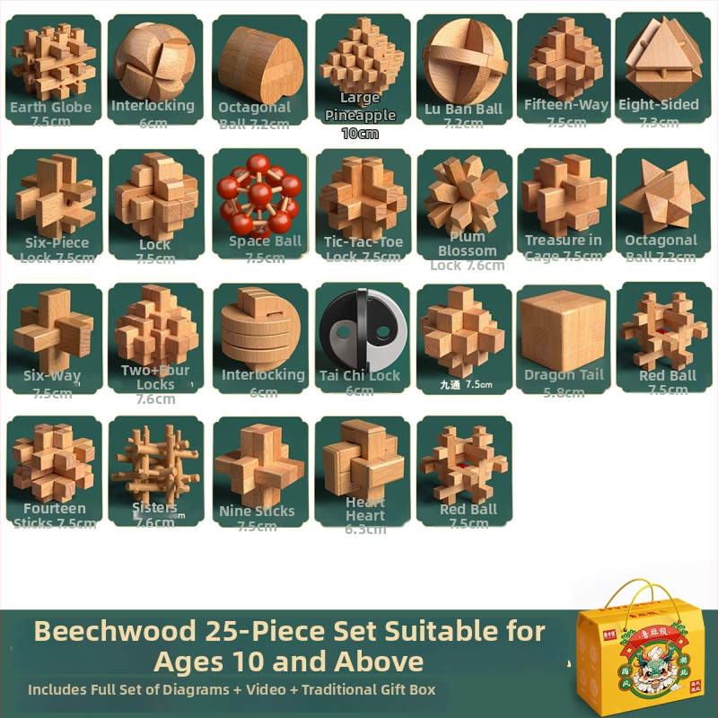 Drevený Kongming a Luban zámok v farebnom balení — bukové drevo, mortise-and-tenon konštrukcia, rozvoj jemnej motoriky