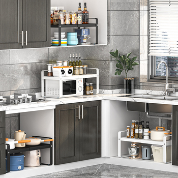 Kuhinjski organizator polica za mikrovalnu pećnicu i pećnicu, podesiv, produživi, pomični, bez montaže, od karbonskog čelika, stolni organizator