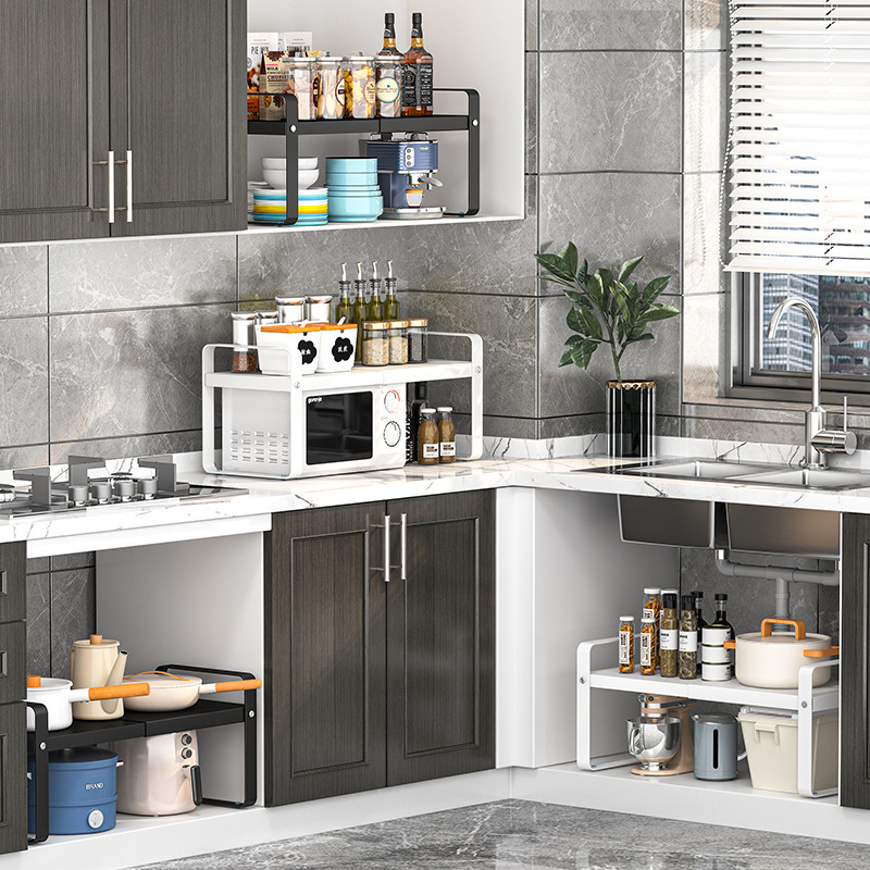 Kuhinjski organizator polica za mikrovalnu pećnicu i pećnicu, podesiv, produživi, pomični, bez montaže, od karbonskog čelika, stolni organizator