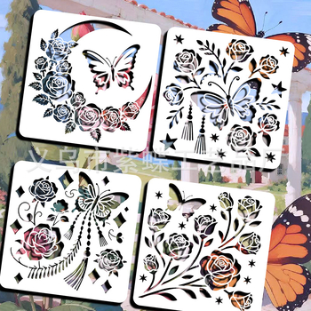 Šablona za crtanje s izrezom leptira i cvijeća — PET materijal, Marka Yiwu Purple Butterfly Arts and Crafts Factory, Vzor: Leptiri i cvijeće