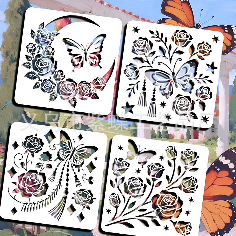 Šablona za crtanje s izrezom leptira i cvijeća — PET materijal, Marka Yiwu Purple Butterfly Arts and Crafts Factory, Vzor: Leptiri i cvijeće
