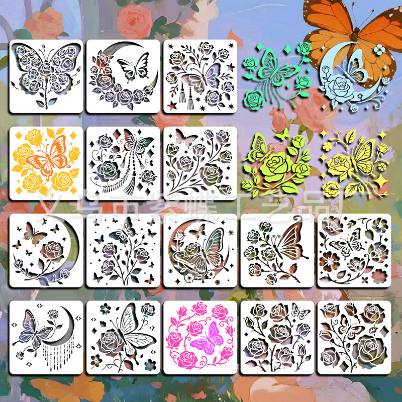 Šablona za crtanje s izrezom leptira i cvijeća — PET materijal, Marka Yiwu Purple Butterfly Arts and Crafts Factory, Vzor: Leptiri i cvijeće