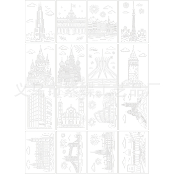 Șablon de carte poștală: Repere mondiale și peisaje urbane culturale, stil gravat, artă creativă — PET; Brand Yiwu Purple Butterfly Arts and Crafts Factory; Import: Nu; IP: Nu autorizat