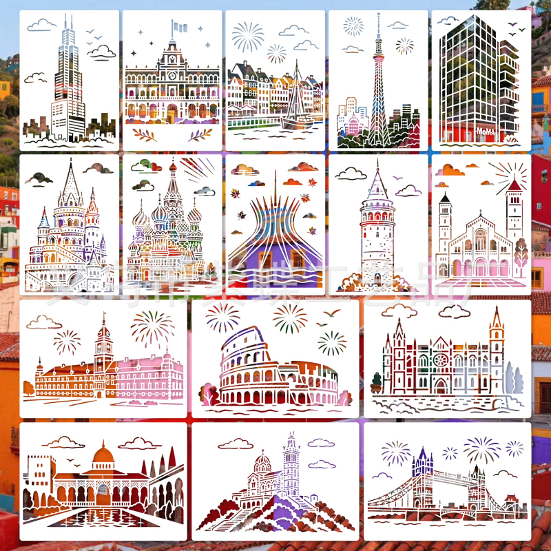 Șablon de carte poștală: Repere mondiale și peisaje urbane culturale, stil gravat, artă creativă — PET; Brand Yiwu Purple Butterfly Arts and Crafts Factory; Import: Nu; IP: Nu autorizat