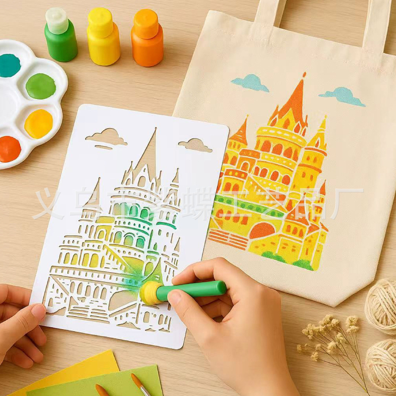 Șablon de carte poștală: Repere mondiale și peisaje urbane culturale, stil gravat, artă creativă — PET; Brand Yiwu Purple Butterfly Arts and Crafts Factory; Import: Nu; IP: Nu autorizat