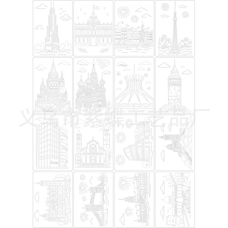 Șablon de carte poștală: Repere mondiale și peisaje urbane culturale, stil gravat, artă creativă — PET; Brand Yiwu Purple Butterfly Arts and Crafts Factory; Import: Nu; IP: Nu autorizat