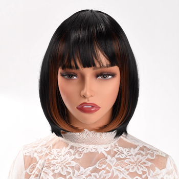 Női rövid, egyenes paróka kiemelt bob stílusban, hőálló rostból, mechanikus feldolgozás, frufruval; nem festhető és nem dauerolható