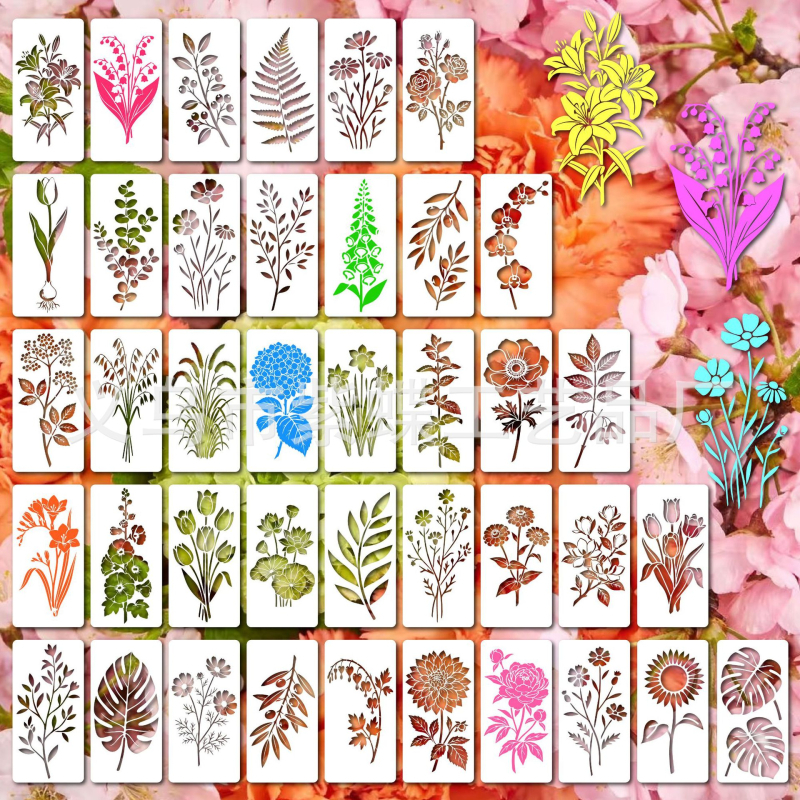 Virágos spray-festés sablon – PET, tartós üreges sablon, DIY festőeszköz (Márka: Yiwu Purple Butterfly Craft Factory, Modell: SJX-186)