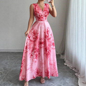 Rochie boemă de plajă, lungă, cu decolteu în V, imprimeu floral, poliester, talie înaltă