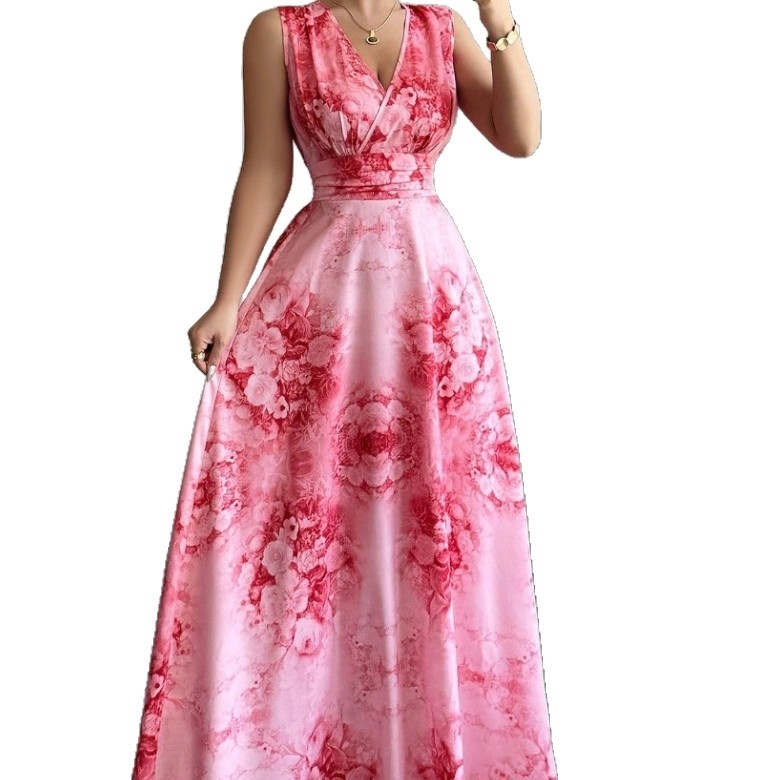 Rochie boemă de plajă, lungă, cu decolteu în V, imprimeu floral, poliester, talie înaltă